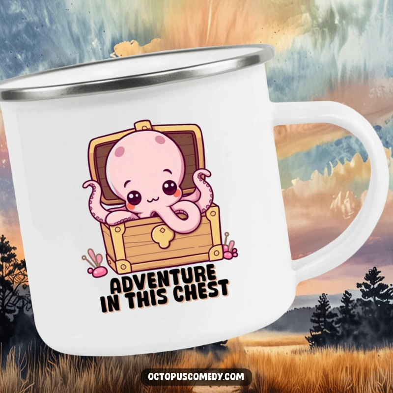 Funny camping mug featuring a curious octopus peeking from a treasure chest, perfect for outdoor humor and beverage enjoyment.