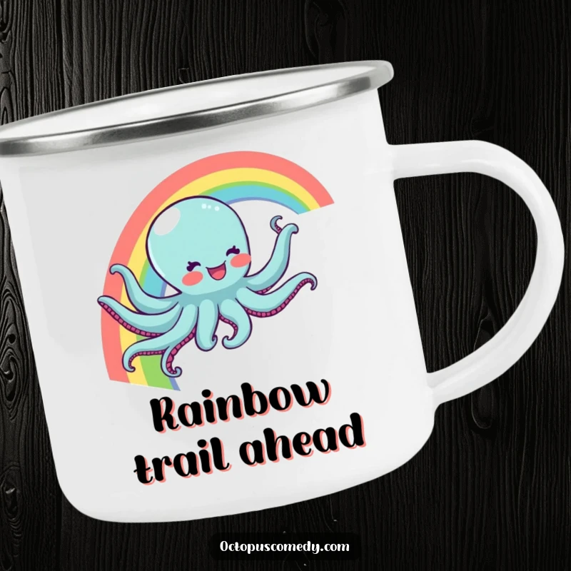 Funny camping mug with a joyful octopus sliding down a rainbow, durable and great for outdoor refreshment as a funny gift.