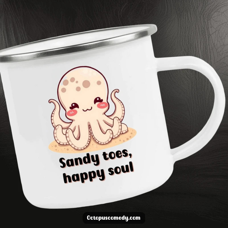 Funny camping mug featuring a satisfied octopus resting on a sandy bottom, ideal for outdoor drinks and a humorous funny gift.