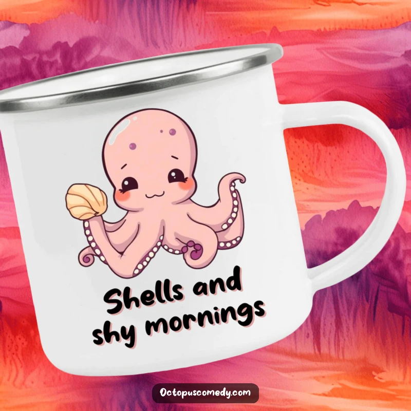 Funny camping mug with a shy octopus offering a seashell, durable and charming for outdoor adventures as a funny gift.