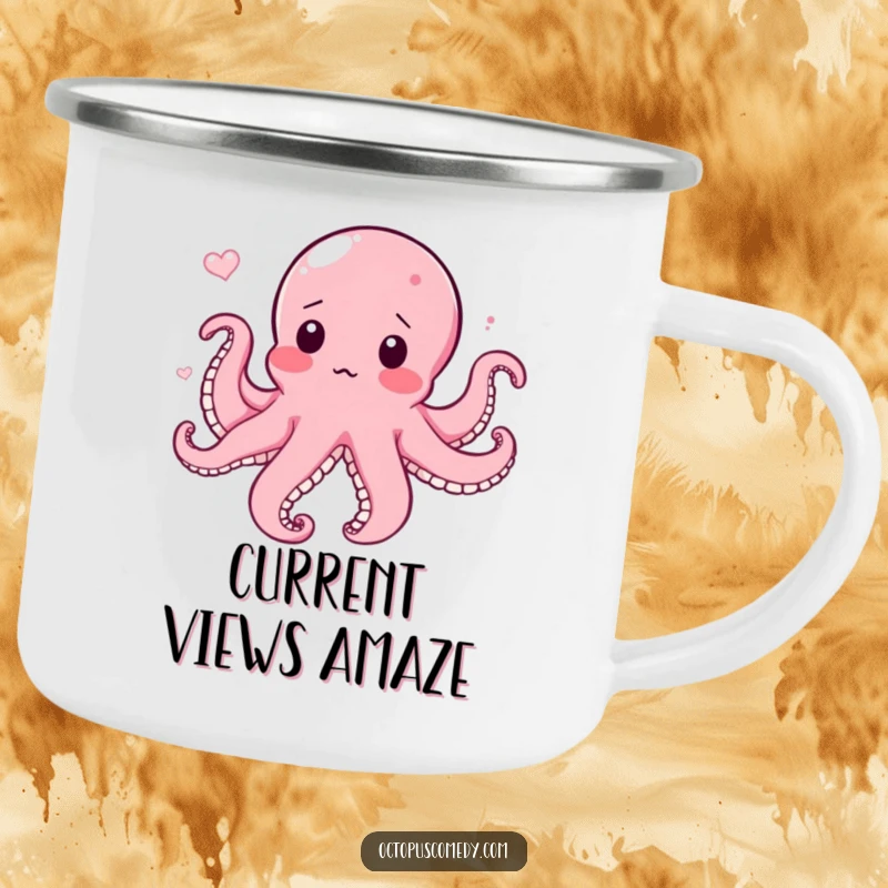 Funny camping mug featuring a surprised octopus blushing in a current, ideal for outdoor drinks and a humorous funny gift.