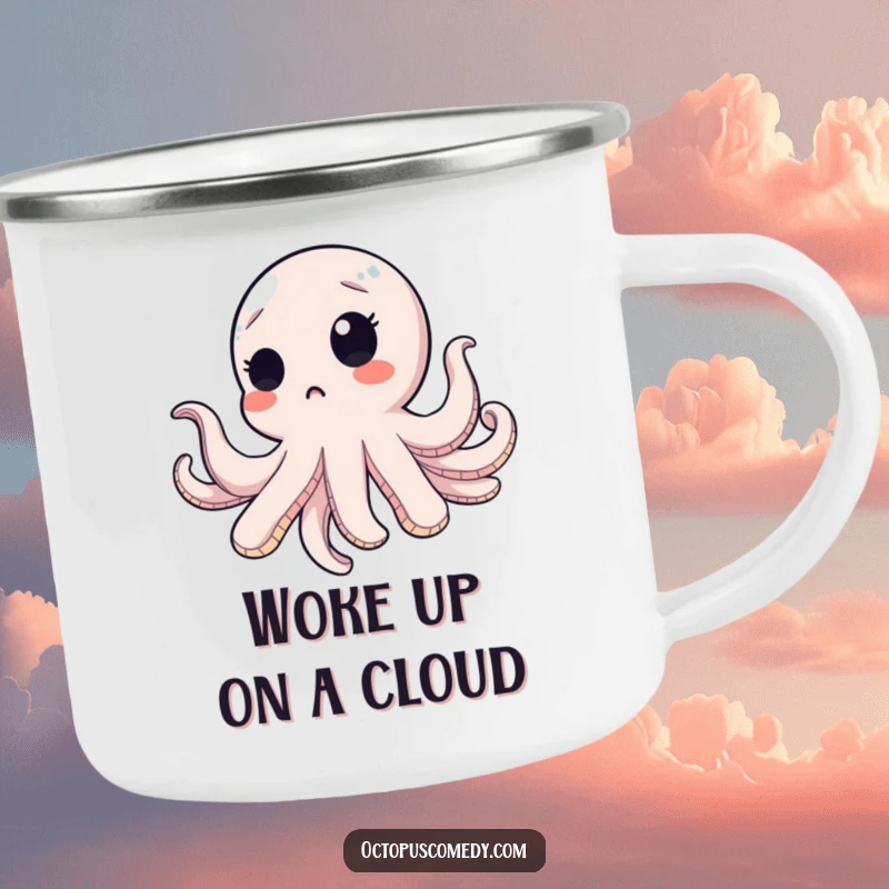 Funny octopus with a surprised blink, floating upwards on a sturdy camping mug, bringing unexpected cheer.