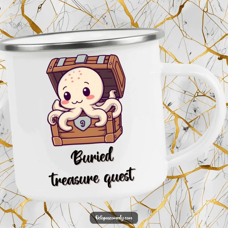 Funny Treasure Octopus Camping Mug, showing a curious octopus peeking from a treasure chest, ideal for outdoor adventures.