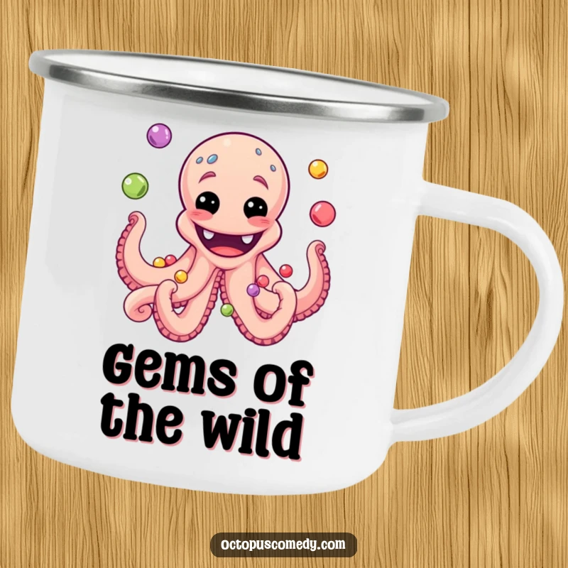 Funny octopus camping mug with a wide grin, juggling colorful pearls, perfect for outdoor enthusiasts who love humor.