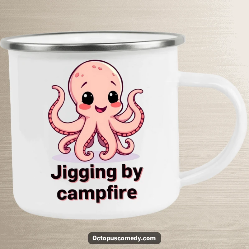 Funny enamel camping mug with a happy octopus doing a lively jig, its tentacles adding a touch of fun to outdoor drinks.