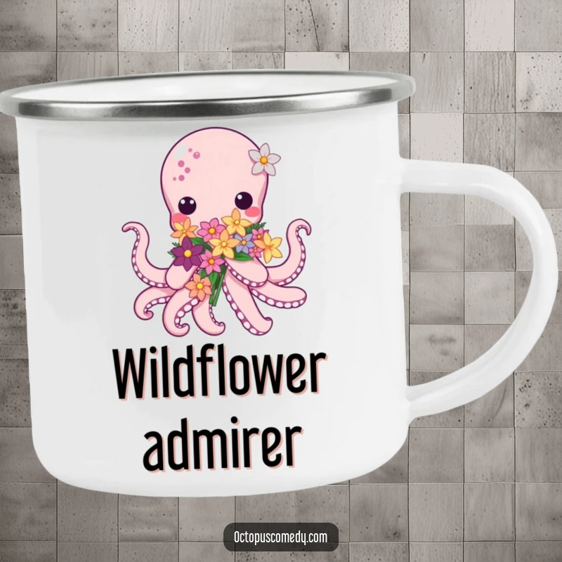 Kawaii Octopus Flower Camping Mug, a sweet mug with a cute octopus offering flowers, ideal for outdoor adventures.