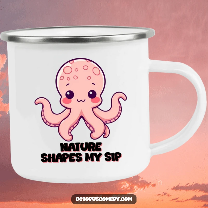 Funny Kawaii Octopus Camping Mug with a cute octopus whose tentacles form playful shapes, perfect for creative outdoor enjoyment.