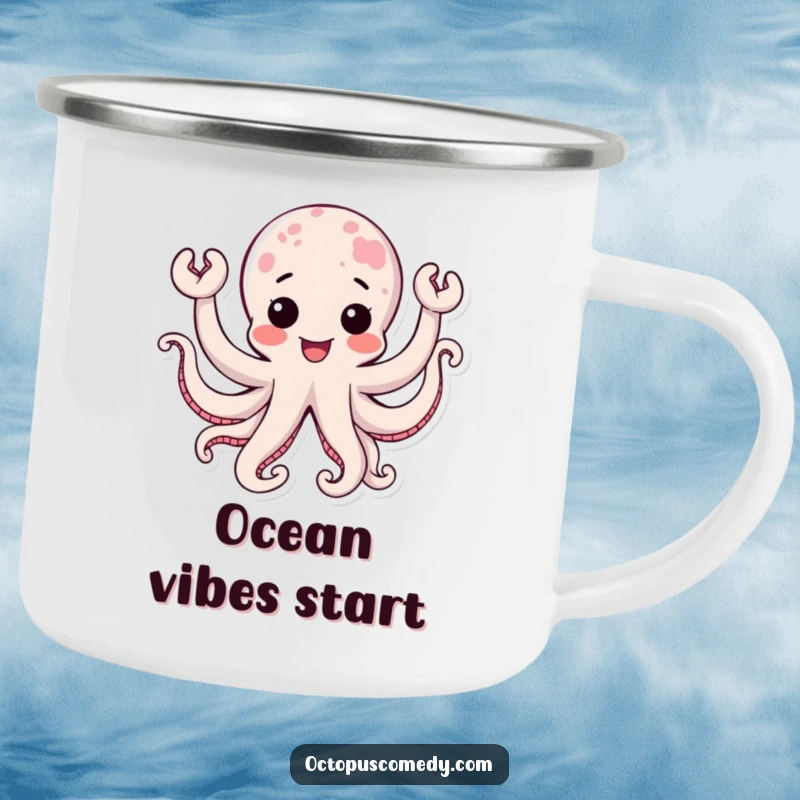 Funny kawaii octopus with waving tentacles, holding a camping mug, for outdoor fun and happiness.