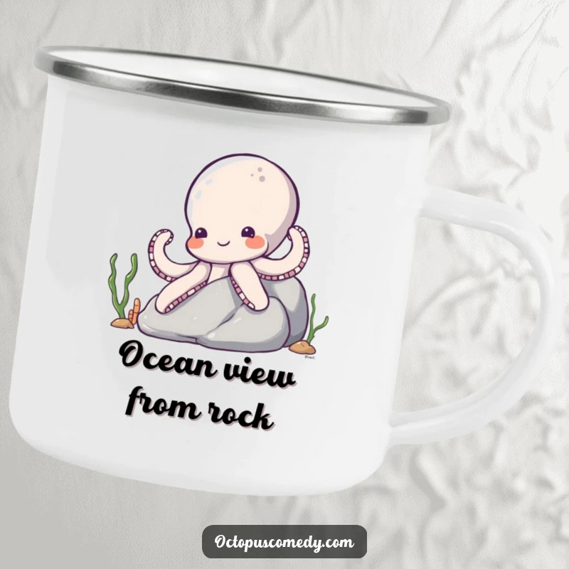 Funny Octopus Camping Mug: A shy octopus peeking from a rock on an ocean adventure, perfect for your morning brew.