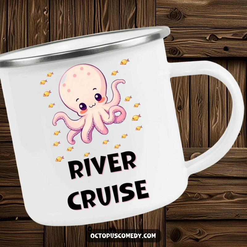 Funny octopus happily drifting through a school of small, sparkly fish on a camping mug, perfect for outdoor ocean vibes.
