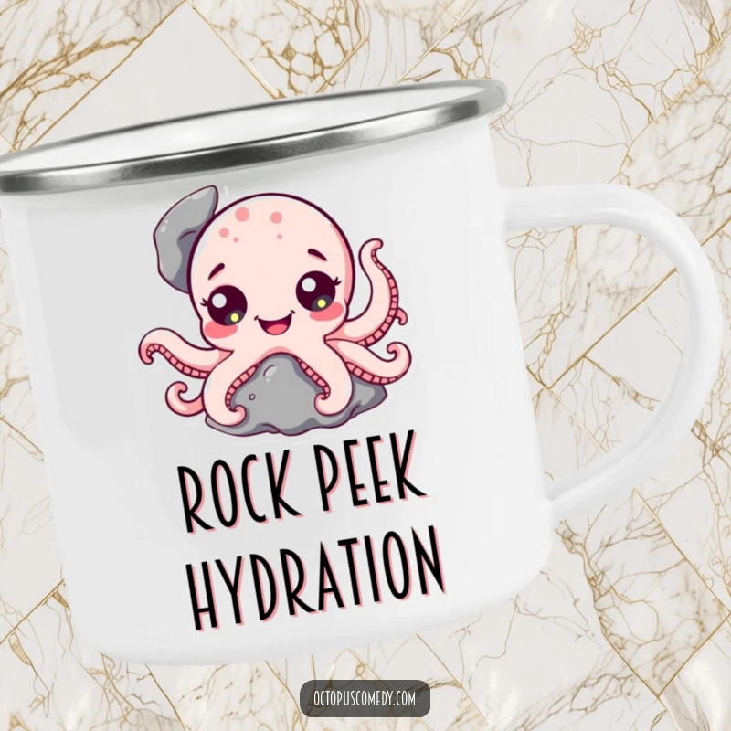Funny Octopus Camping Mug: A sturdy mug showing a cute octopus with happy eyes peeking from a rock.