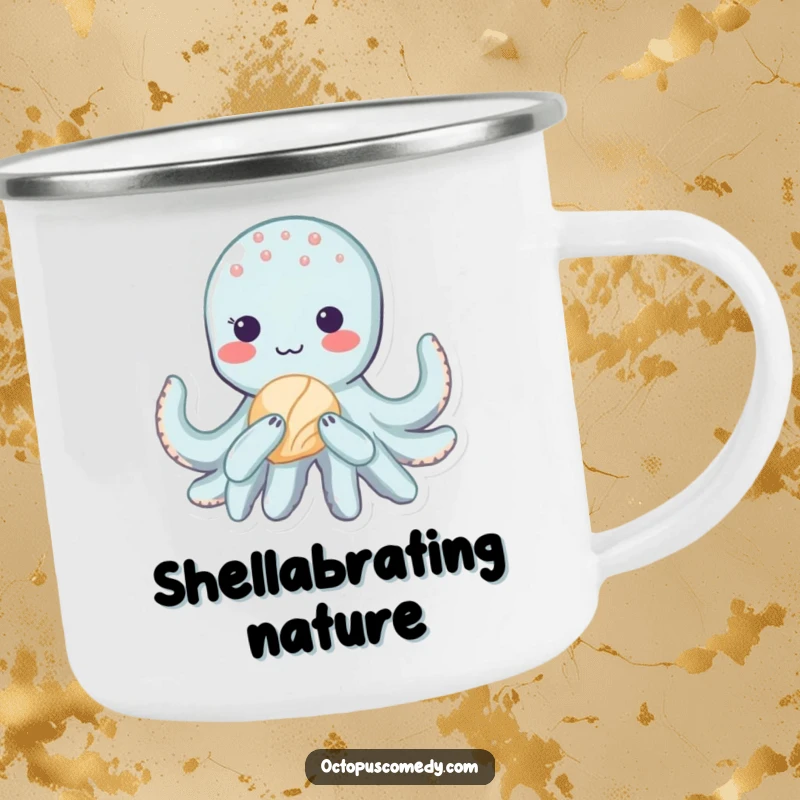 Funny kawaii octopus camping mug, shyly blushing while holding a seashell, perfect for outdoor adventures.