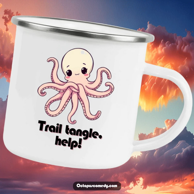 Funny camping mug featuring an octopus hilariously tied up in its own arms, durable and great for outdoor laughs as a funny gift.