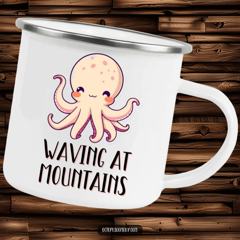 Funny Kawaii Octopus Camping Mug: A sturdy mug showing a cute octopus with tentacles waving hello, ready for adventure.