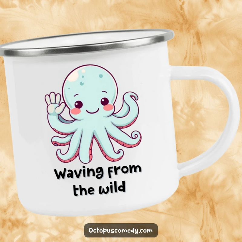 Funny octopus camping mug with multiple arms waving hello, perfect for friendly outdoor experiences.