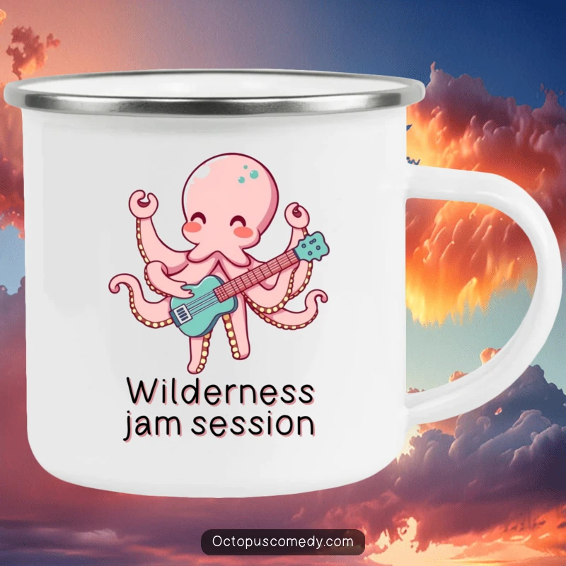 Funny octopus camping mug with eight arms playing a musical instrument, perfect for outdoor enjoyment with musical humor.
