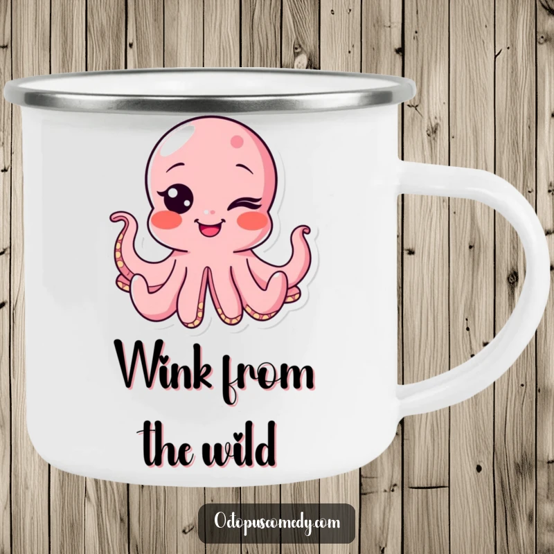 Funny octopus camping mug featuring a winking character with a bubbly smile, built for rugged adventures and good times.