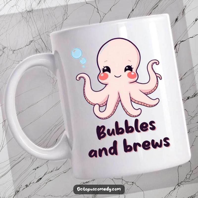 Funny octopus with a mischievous grin happily blowing bubbles, ideal for a humorous sea-themed mug.