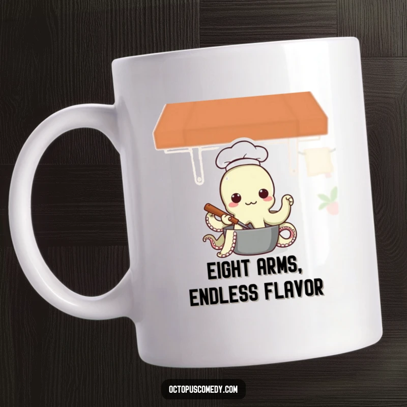 Funny Chef Octopus mug, a cute octopus in a tiny hat joyfully stirring a bubbling pot, perfect for food lovers.