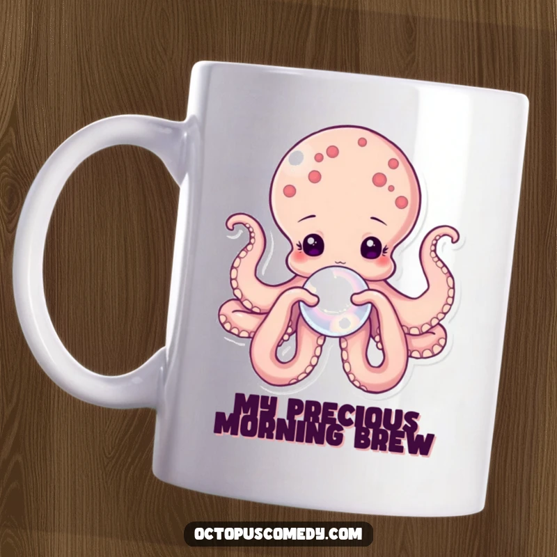 Funny octopus mug featuring a graceful cephalopod gently cradling a luminous pearl with its delicate tentacles, evoking calm and beauty.