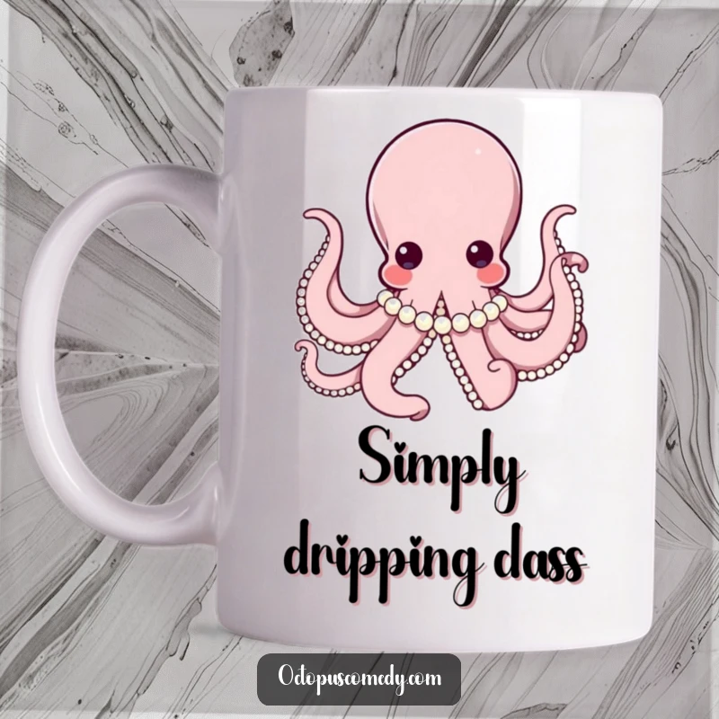 Elegant octopus wearing a string of pearls, looking sophisticated and refined on this charming coffee mug.