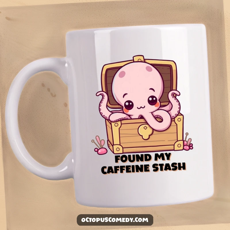 Funny mug featuring a curious octopus peeking out of a treasure chest, symbolizing discovery and unexpected humor.