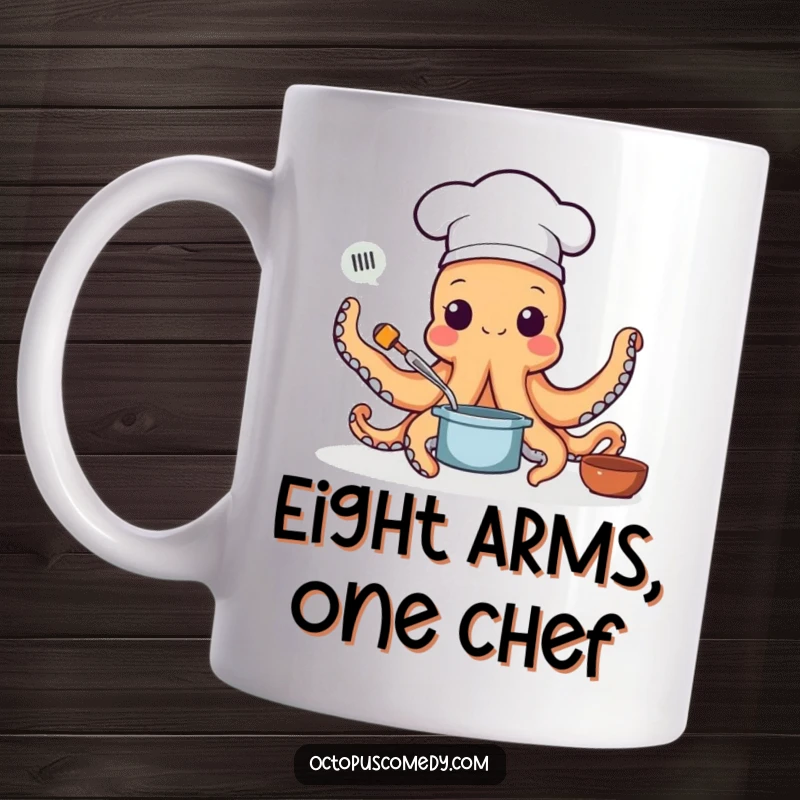 Funny mug showcasing an octopus wearing a chef hat, energetically cooking with all its arms, a perfect gift for foodies.