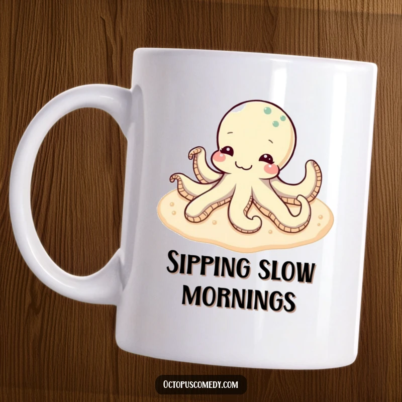 Funny content octopus relaxing peacefully on a soft, sandy seabed, depicted in a serene scene on a mug.