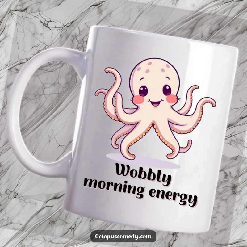 Funny mug featuring a joyful octopus performing a silly jig with its wobbly tentacles, radiating fun and energy.