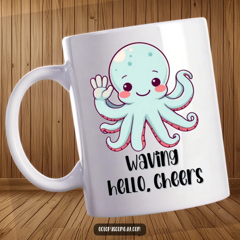 Funny octopus with multiple arms extended, giving a friendly wave, depicted on a welcoming mug.