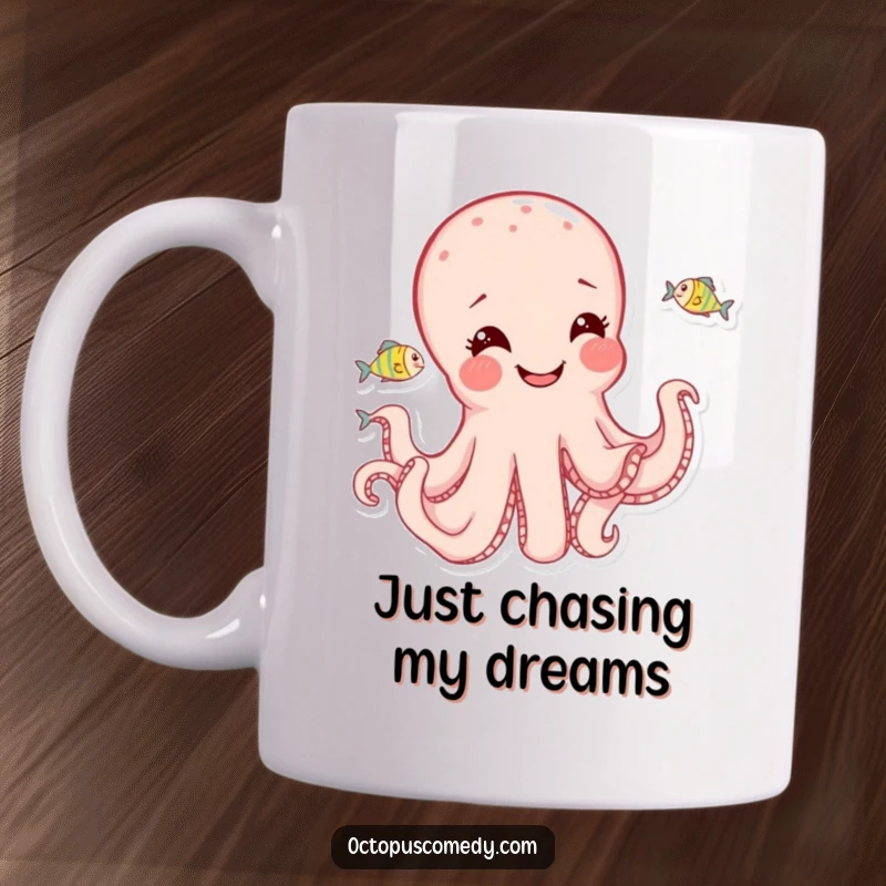 Funny octopus with a joyful expression, playfully chasing tiny fish, depicted on a vibrant mug.