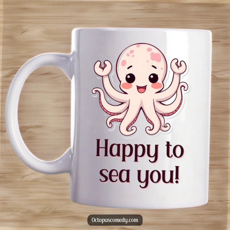 Funny kawaii octopus with multiple waving tentacles, radiating pure joy and happiness, a delightful mug design.