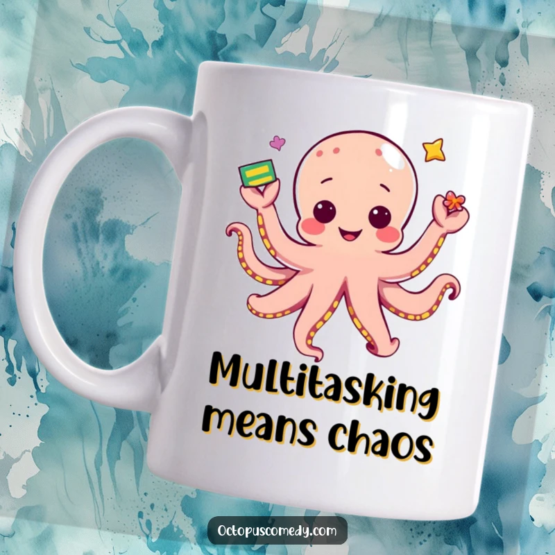 Funny kawaii octopus skillfully juggling colorful objects with its many arms, a whimsical and humorous mug.