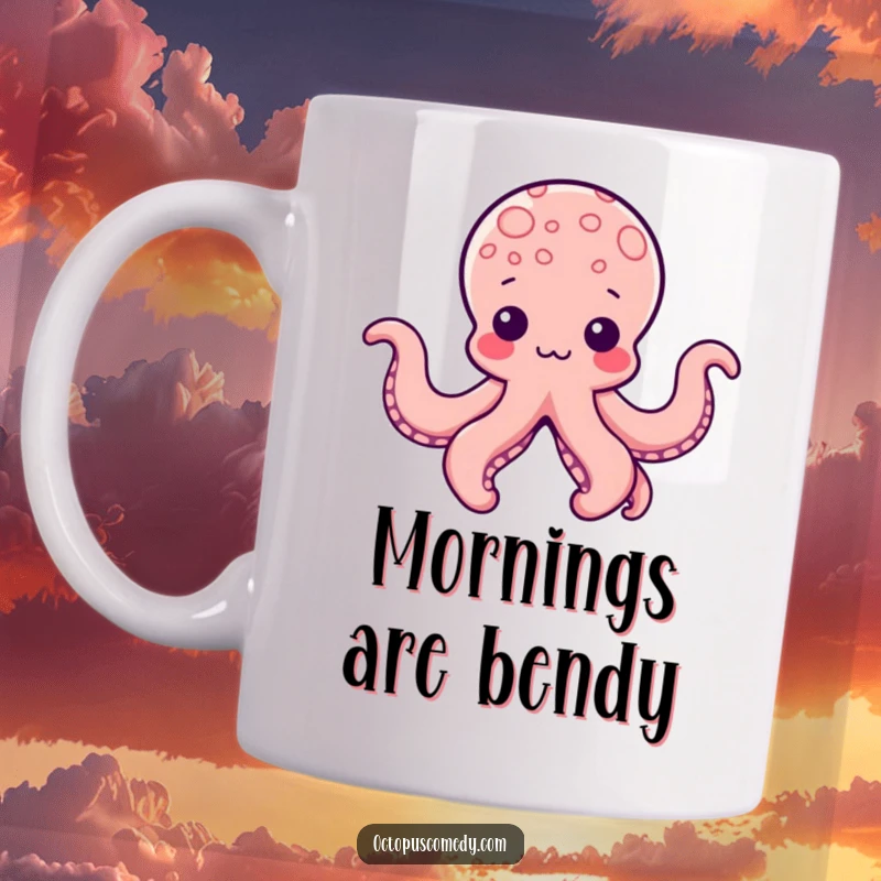 Funny Kawaii Octopus Mug featuring a cute octopus whose tentacles are playfully twisted into various fun shapes, showcasing artistic flair.