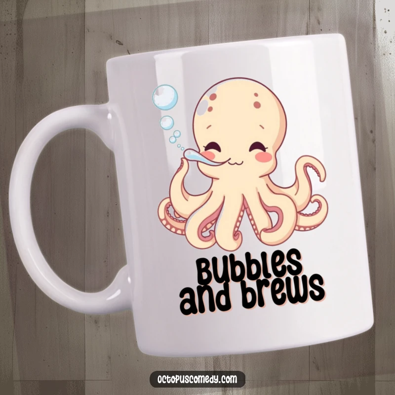 Funny mug with a happy octopus playfully blowing streams of bubbles from its siphon, bringing ocean cheer as a funny gift.