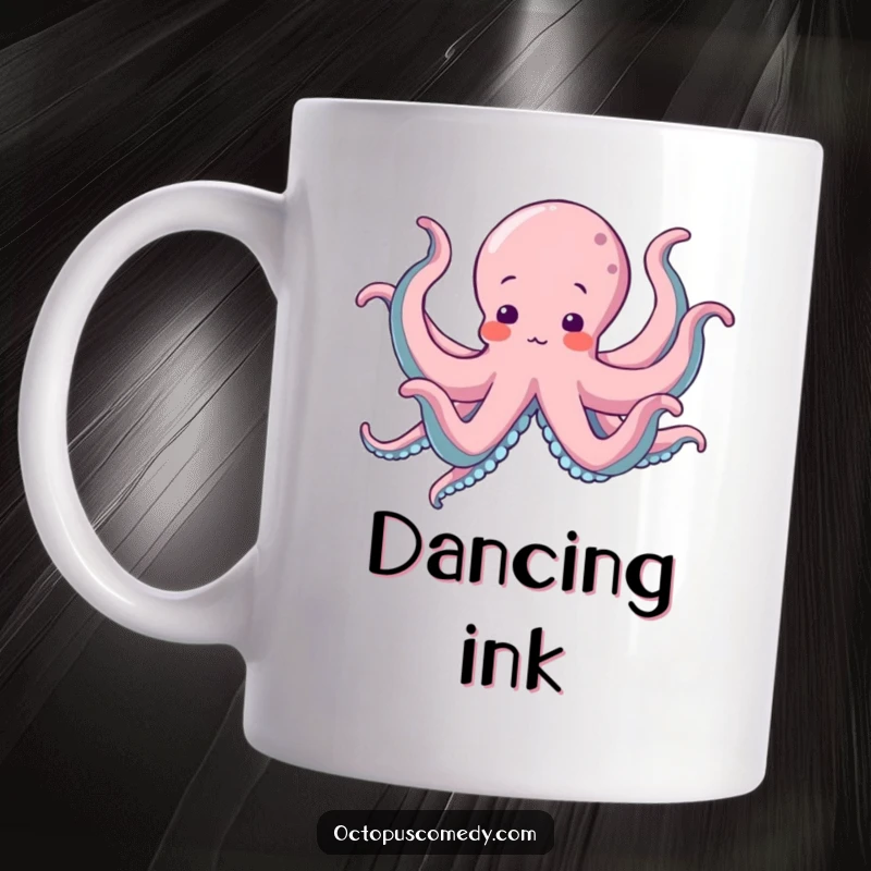 Funny Octopus Mug showing an octopus energetically doing a silly dance with all eight arms flailing joyfully.
