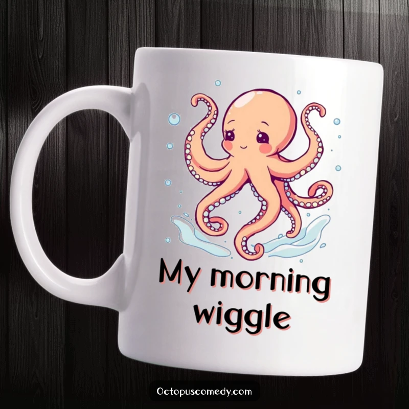 Funny octopus joyfully dancing with swirling tentacles in a bubbly underwater current, on a humorous mug.