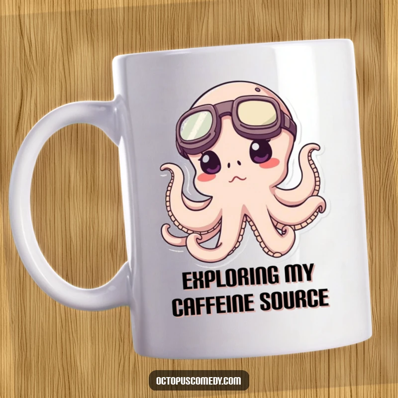 Funny Octopus Mug: A determined octopus wearing oversized goggles, looking ready to explore the unknown depths with excitement.