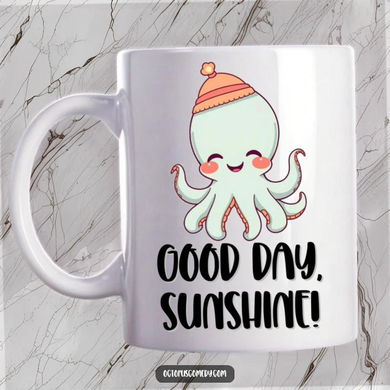 Funny octopus wearing a tiny hat, giggling with a mischievous expression, a humorous mug gift.