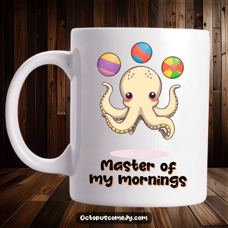 Funny octopus playfully juggling three colorful balls with its many tentacles, a humorous mug gift.