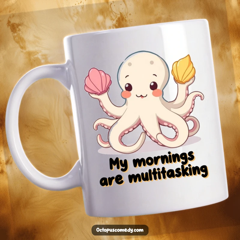 Funny octopus mug artfully juggling three vibrant seashells with its numerous arms, showcasing a playful and energetic sea creature.