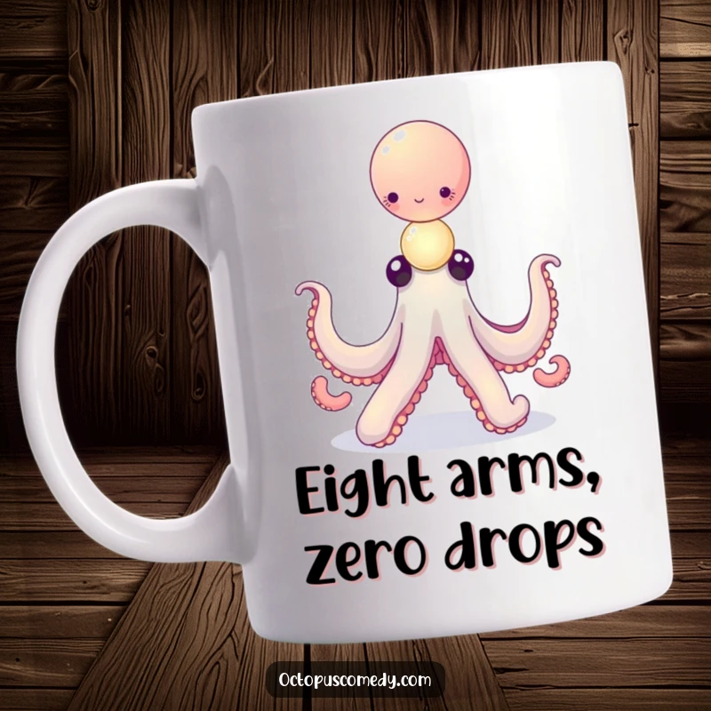 Funny octopus balancing a delicate stack of tiny, glowing orbs on a mug, representing wonder and skill, great gift.