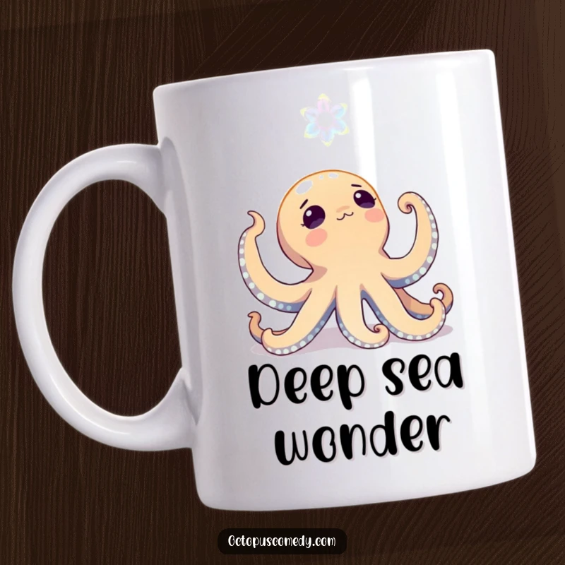 Funny octopus looking up with wonder at a bioluminescent bloom on a mug, representing awe and mystery, great gift.