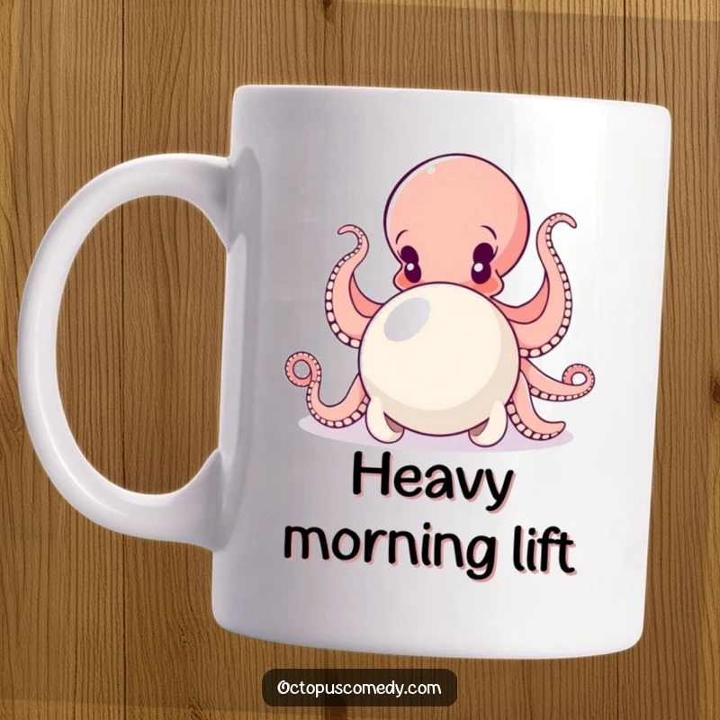 Funny mug showing a determined octopus using all eight arms to push a very large, shimmering pearl with great effort.