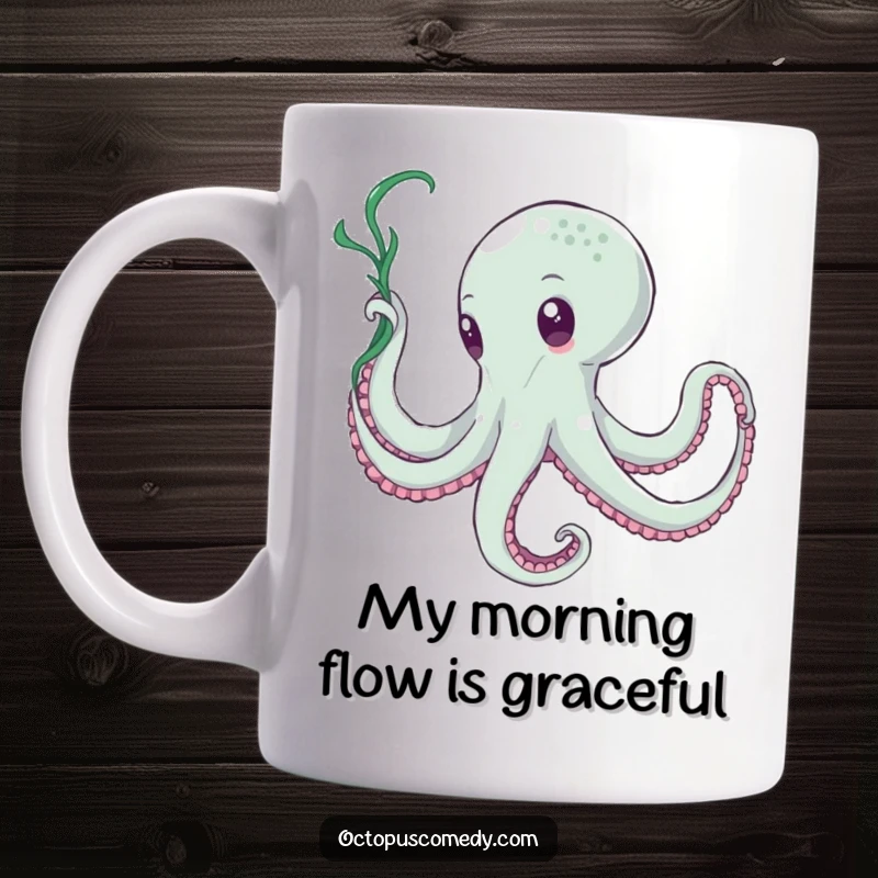 Funny Octopus Mug: A graceful octopus twirls a piece of seaweed like a ribbon, performing an elegant underwater dance.