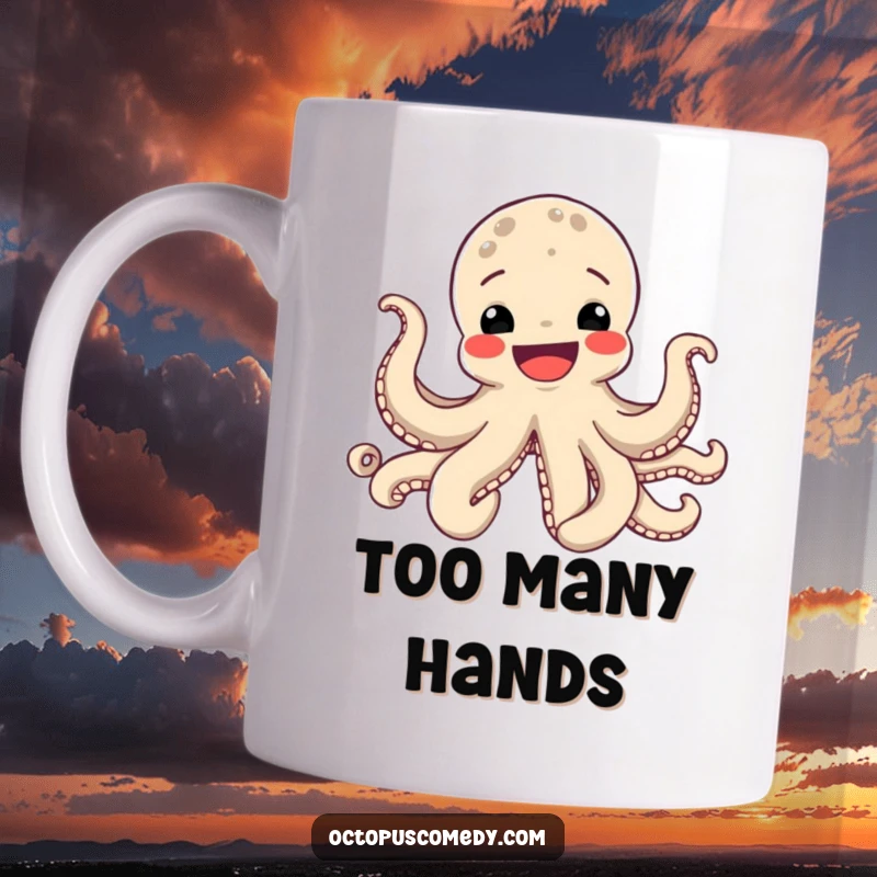 Funny Octopus Mug showing a cheerful octopus with a wide smile, its eight tentacles waving joyfully.