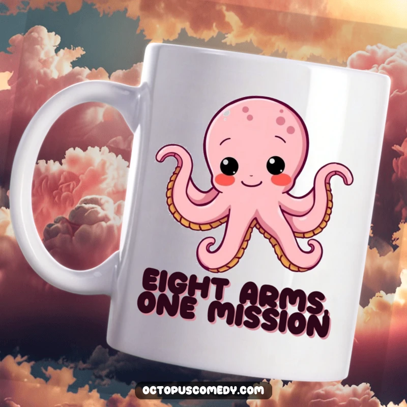 Funny octopus mug featuring a determined octopus with a funny wiggle, swimming with purpose, making a hilarious statement.