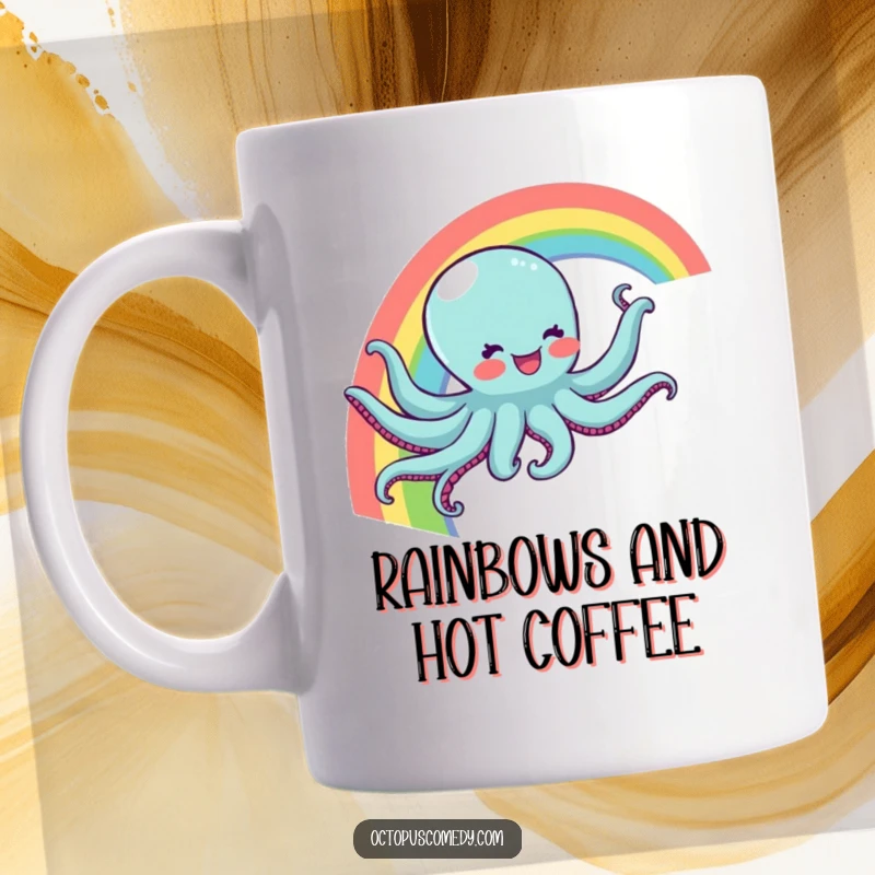 Funny mug with a joyful octopus happily sliding down a vibrant rainbow, embodying pure delight and imagination as a funny gift.