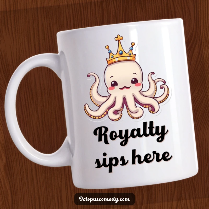 Funny octopus wearing a tiny crown, looking regal and amusing, on a humorous mug.