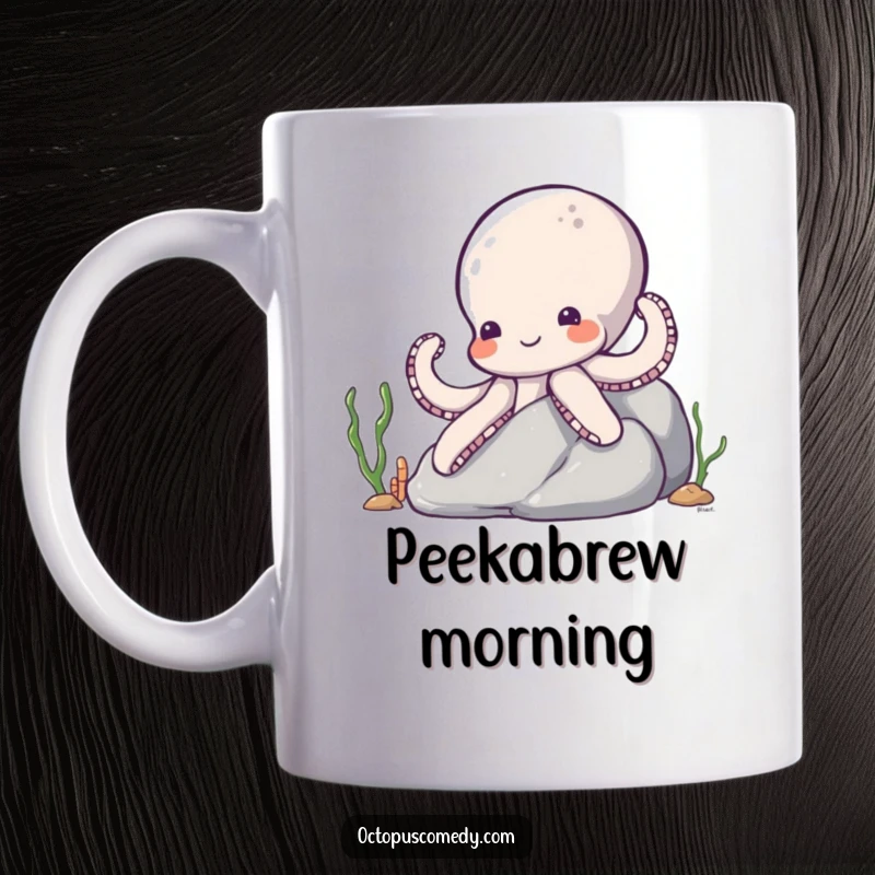 Funny Octopus Mug: A shy octopus with a sweet smile peeking from behind a colorful ocean rock, inviting a playful interaction.